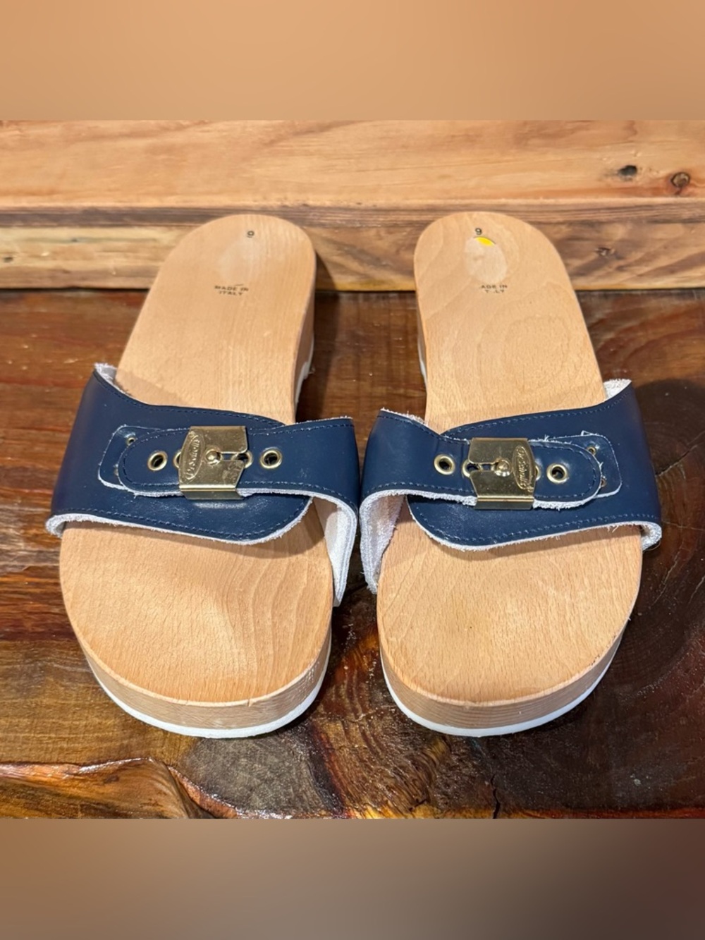 Dr. Scholl’s  Classic Navy Leather Wood Slide Sandals - Picture 2 of 5